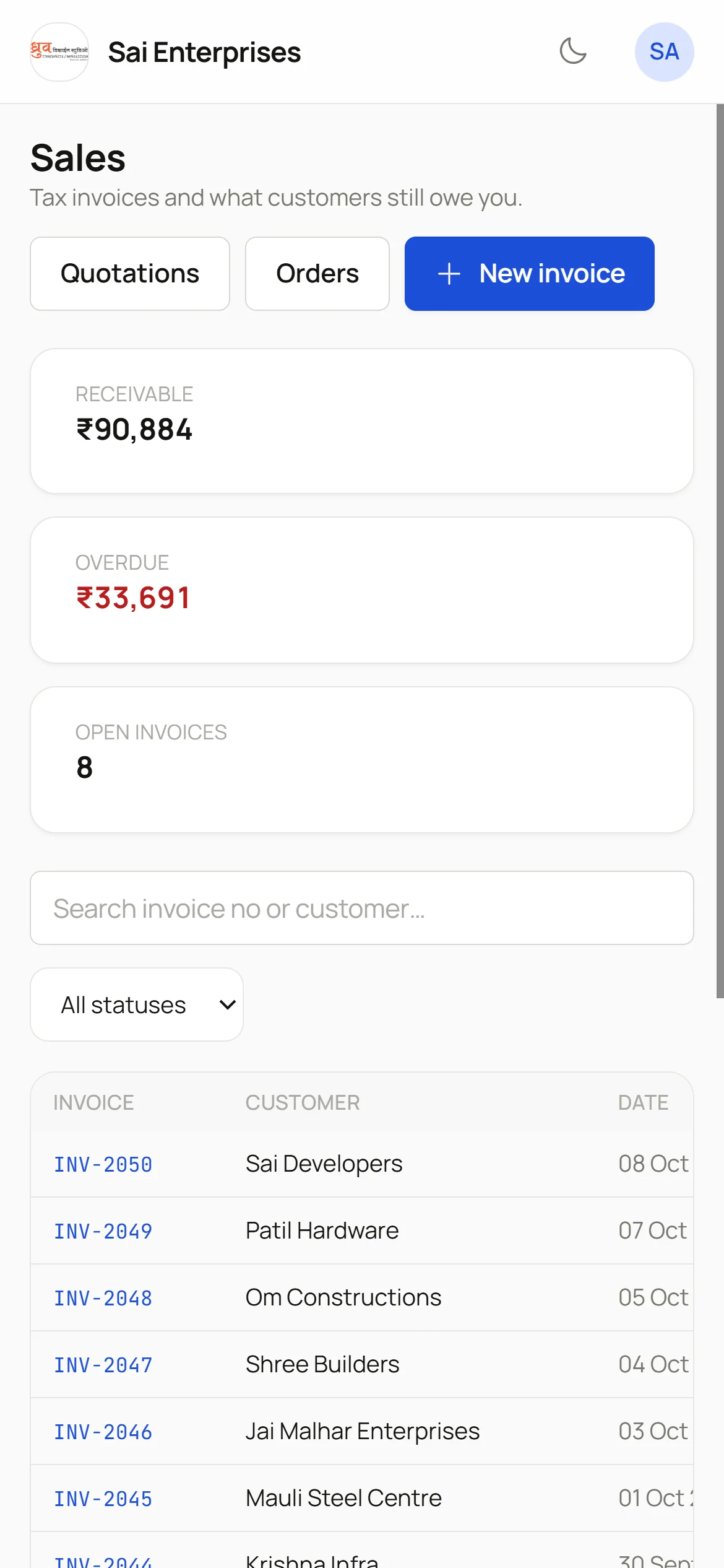 Tradix dashboard on mobile